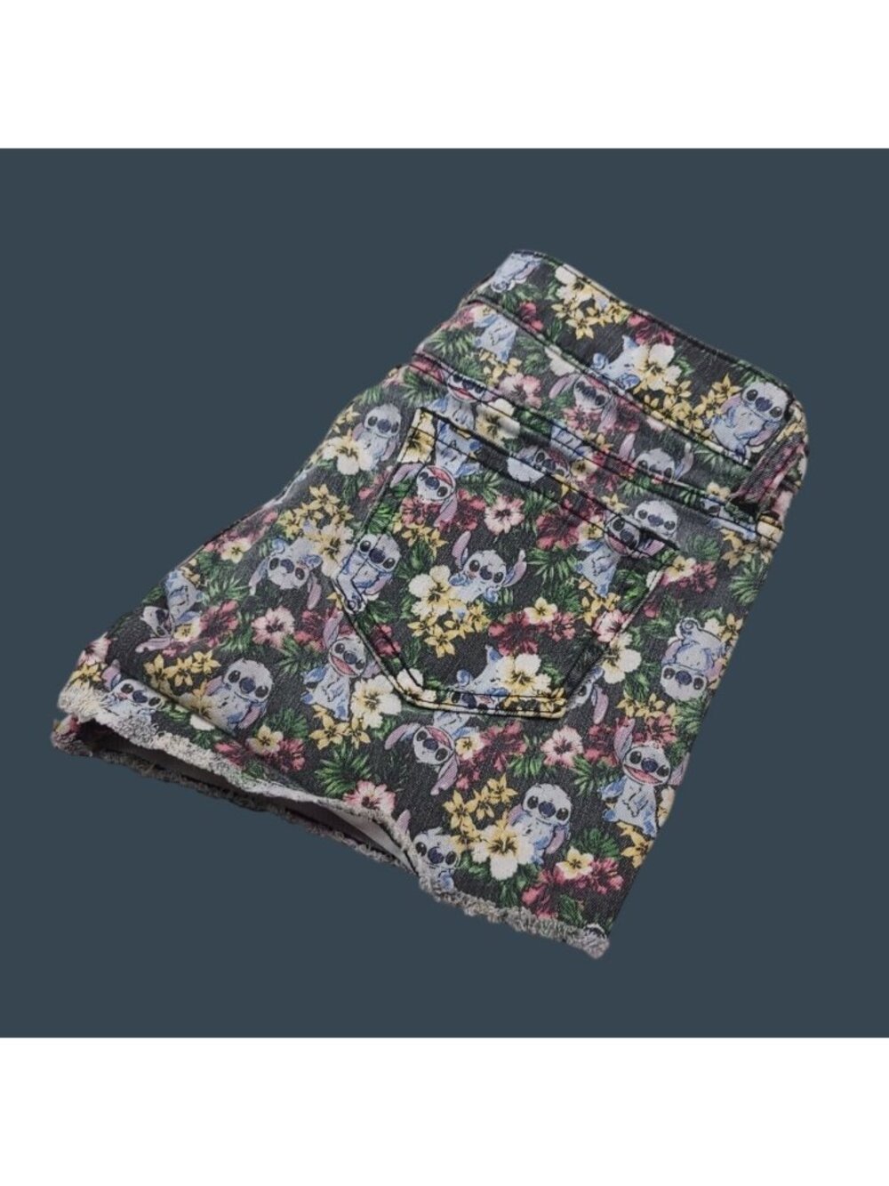 Disney Stitch Floral Print Womens Denim Shorts Size 7 Fun Summer Wear Frayed Hem